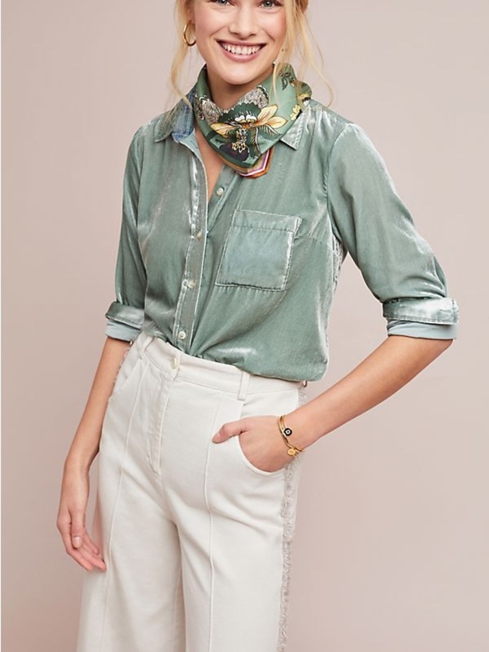 Anthropologie Velvet Button-Down Shirt in Sage